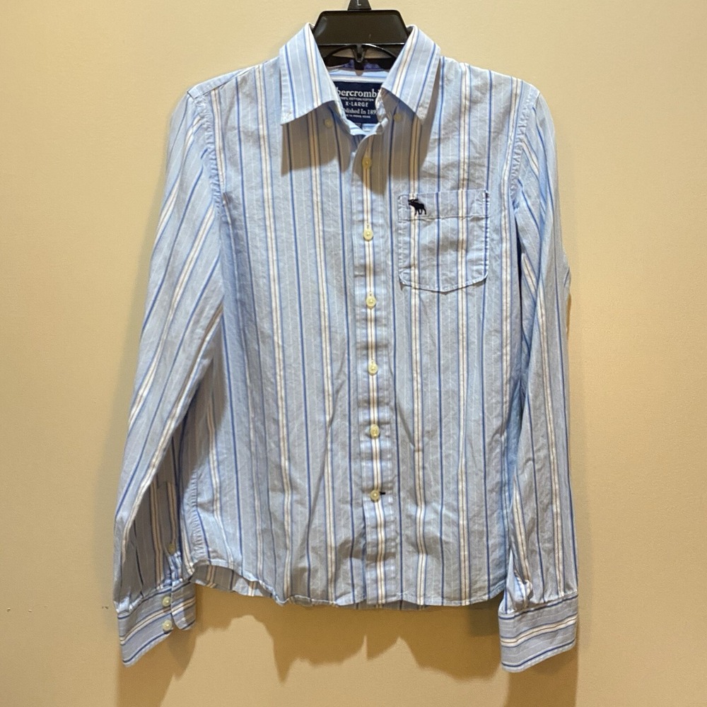 Abercrombie Button Down Shirt Boys Youth Blue White Striped Long Sleeve XL